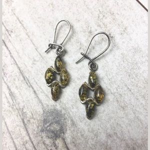 Green Amber Sterling Silver Dangle Drop Earrings